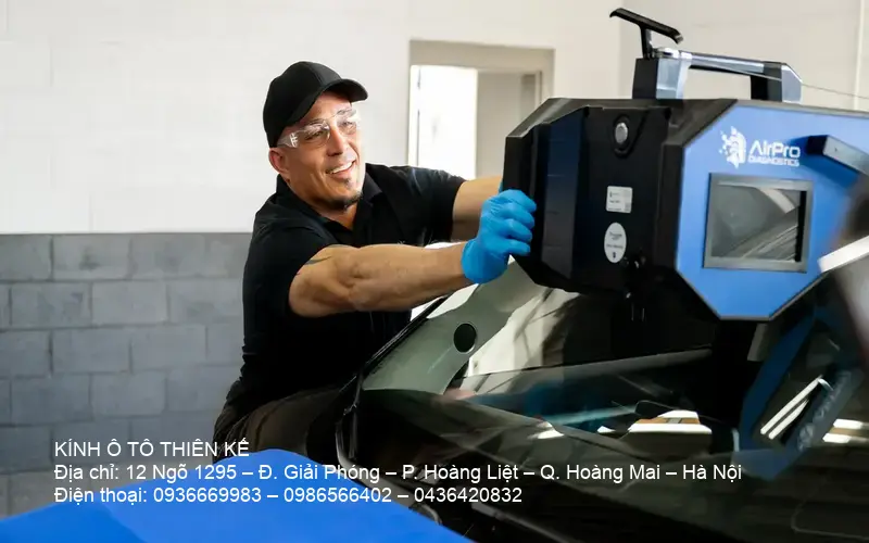 Technician calibrates car window sensor