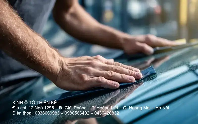 Hands sealing new windshield