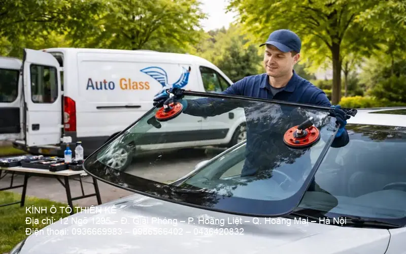 Technician replacing a windshield on the go