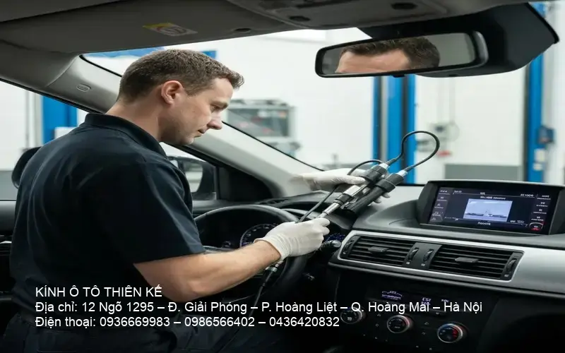Kỹ thuật viên đứng bên cạnh xe với kính chắn gió vừa được thay mới.