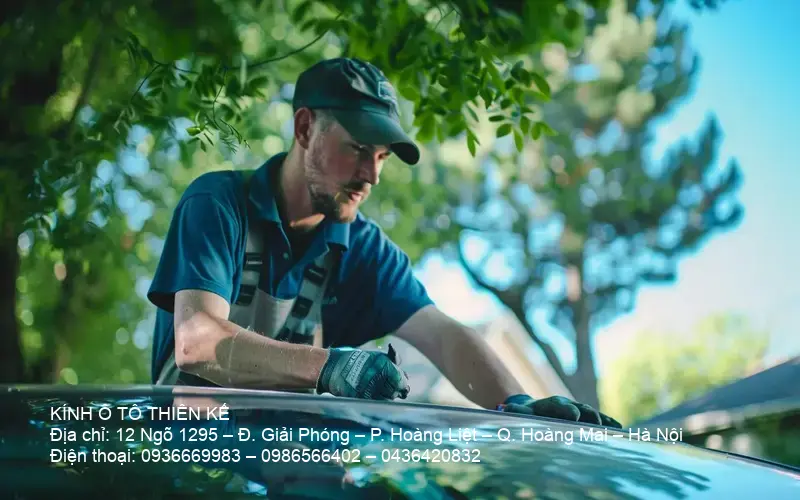Technician repairing auto glass in autumn