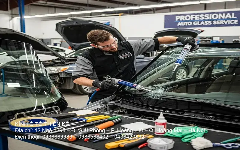 Technician working on car windshield