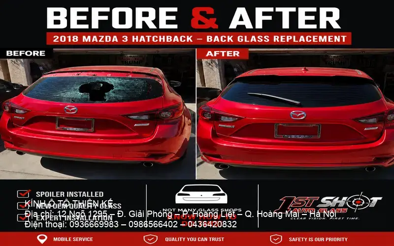 Mazda 3 backglass removal and replacement in affordable kính ô tô giá rẻ Hà Nội service