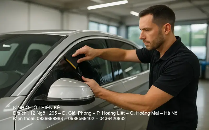 Expert applies tint to car window
