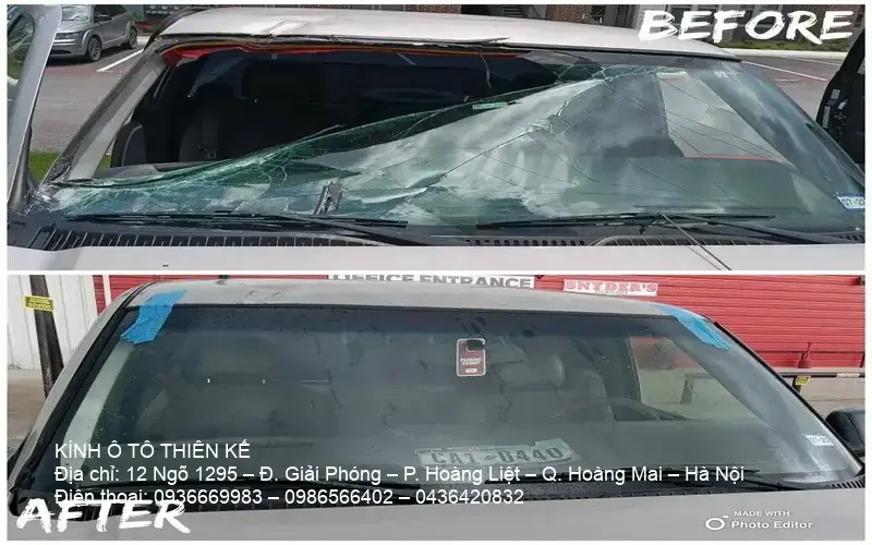Hanoi car windshield technician working on kính ô tô giá rẻ replacement