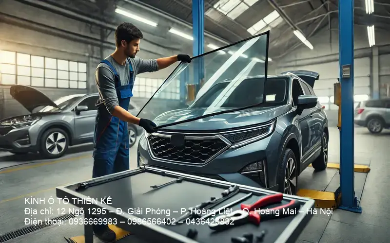 Kỹ thuật viên thay kính ô tô giá rẻ tại Hà Nội chuyên nghiệp.