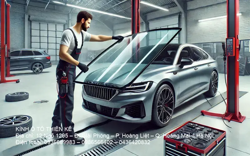 Technician fixing windshield